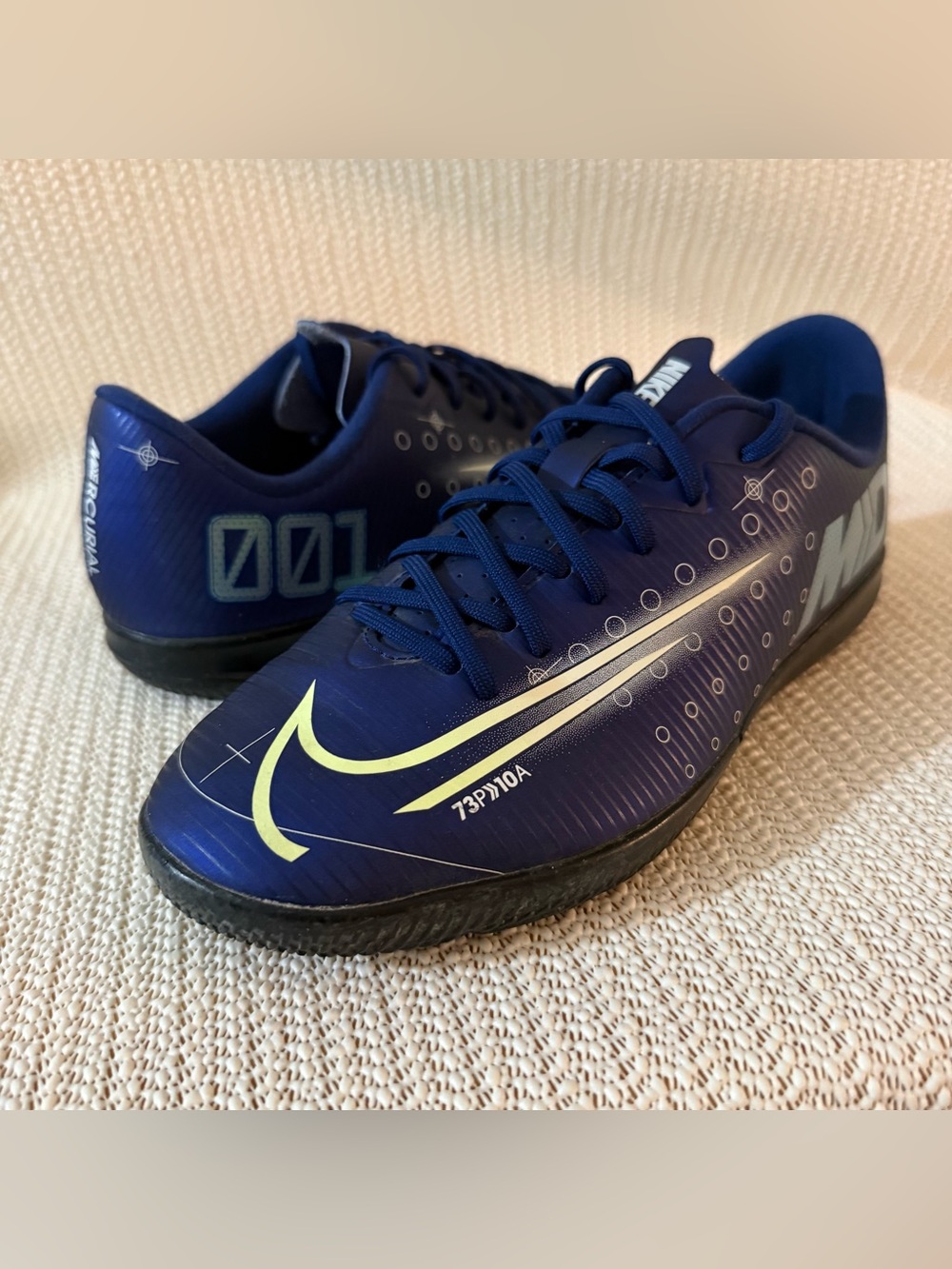 Nike Royal Blue Indoor Soccer Shoes with Neon Yellow Swoosh Size 5Y
